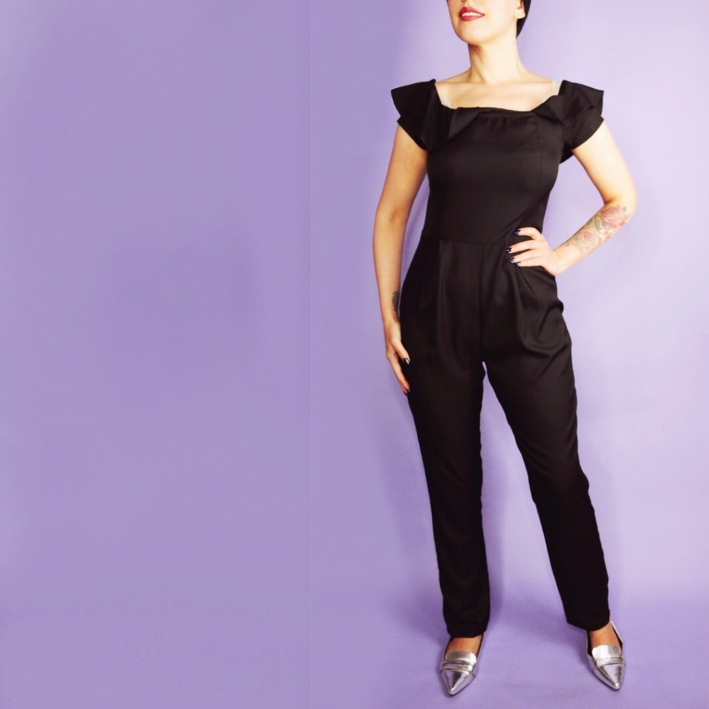 Ruffle Shoulder Black Jumpsuit